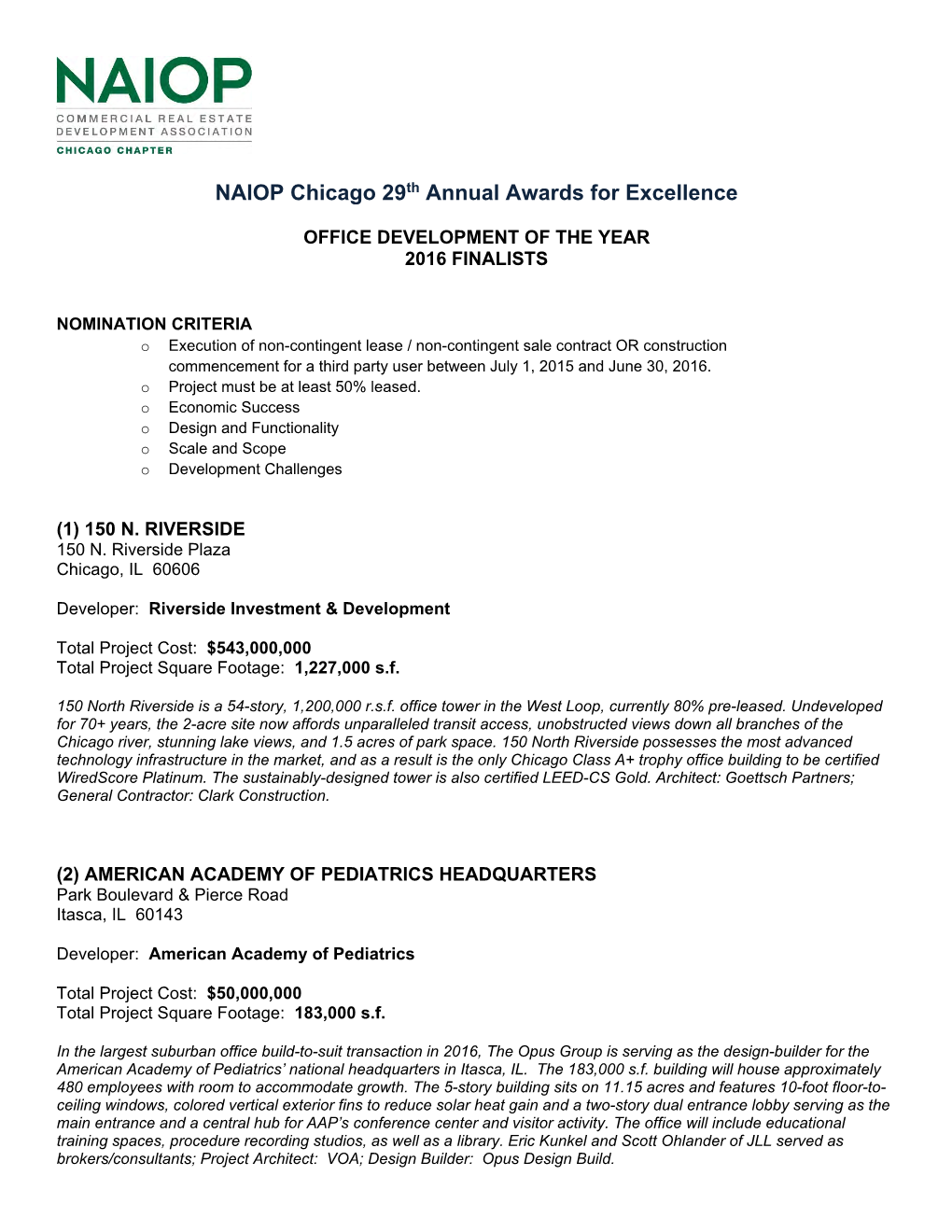 NAIOP Chicago 29Th Annual Awards for Excellence