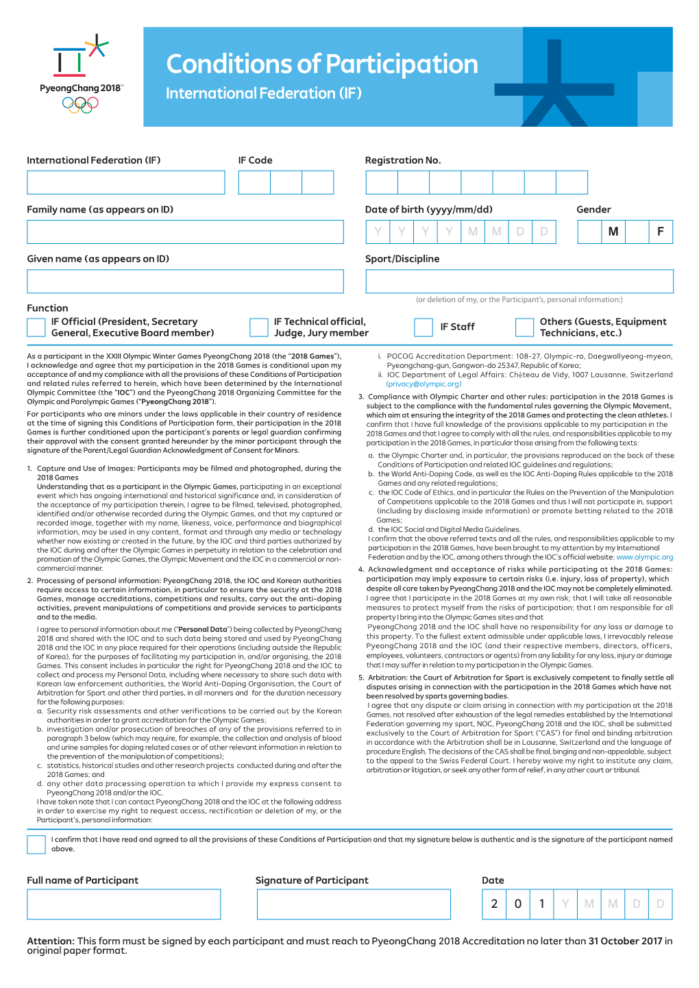 Conditions of Participation International Federation (IF)