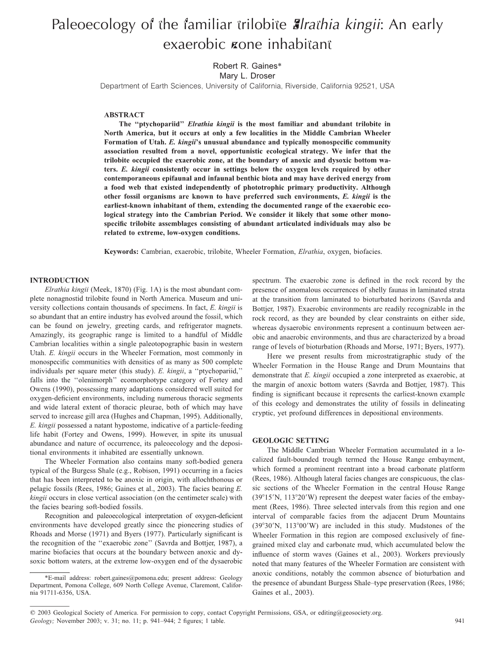 Paleoecology of the Familiar Trilobite Elrathia Kingii: an Early Exaerobic Zone Inhabitant