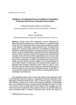 Significance of Unimpeded Flows in Limiting the Transmission of Parasites from Exotics to Hawaiian Stream Fishes 1