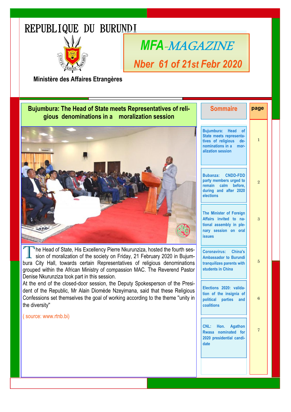 MFA-MAGAZINE Nber 61 of 21St Febr 2020 Ministère Des Affaires Etrangères