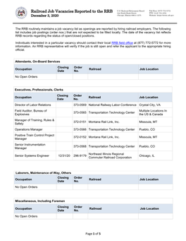 Railroad Job Vacancies Reported to the RRB 844 North Rush Street TTY: (312) 751-4701 December 3, 2020 Chicago, Illinois 60611-1275 Website