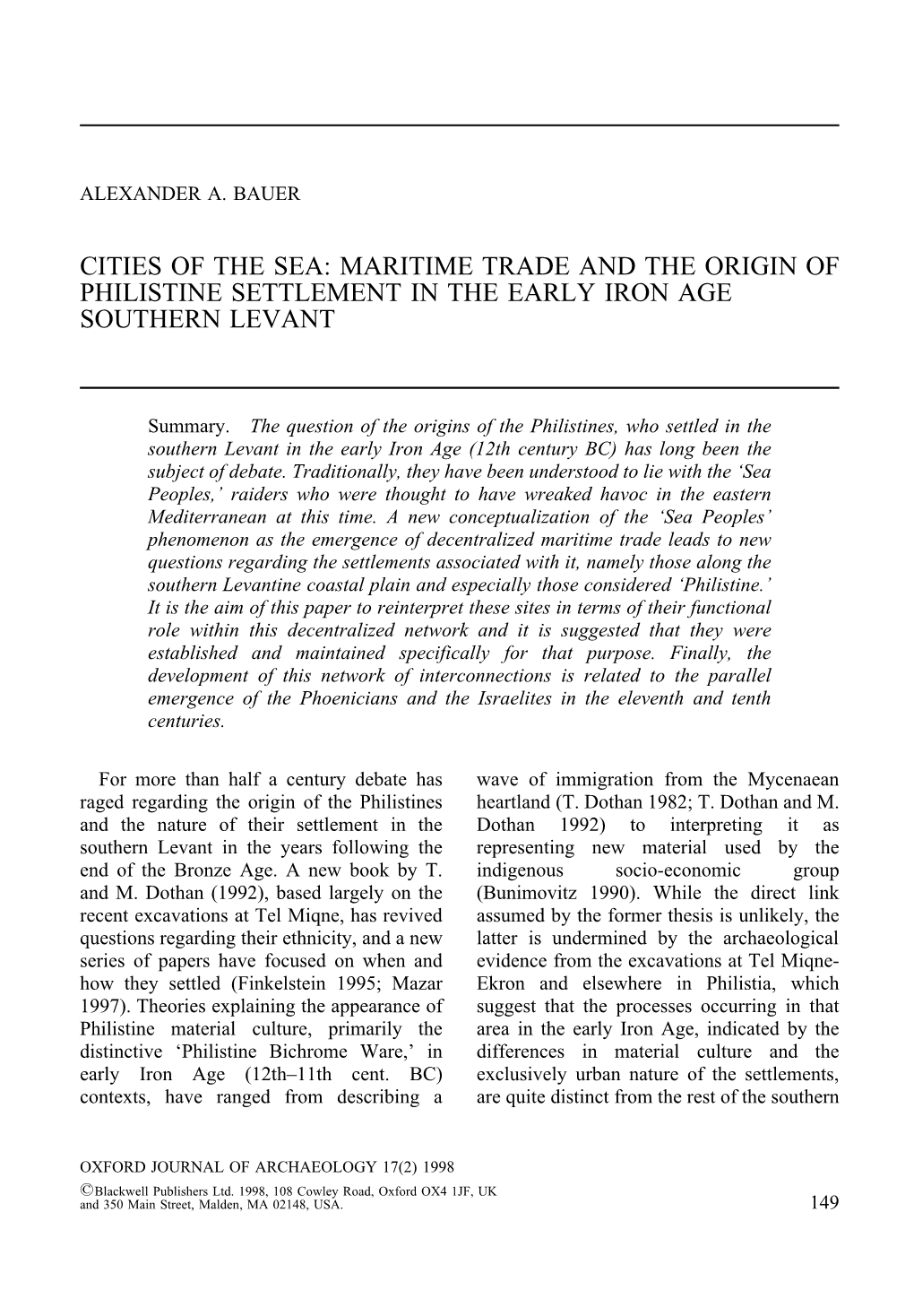 Maritime Trade and the Origin of Philistine Settlement in the Early Iron Age Southern Levant