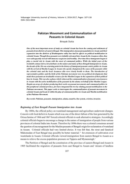 Pakistan Movement and Communalization of Peasants in Colonial Assam Binayak Dutta