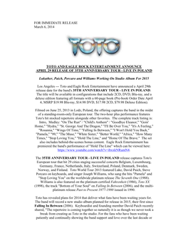 FOR IMMEDIATE RELEASE March 6, 2014 TOTO AND