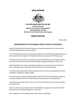 AGD Appointments to Circuit Court 16 May 13