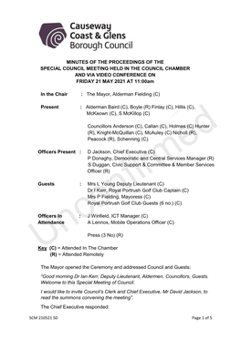 MINUTES of the PROCEEDINGS of the SPECIAL COUNCIL MEETING HELD in the COUNCIL CHAMBER and VIA VIDEO CONFERENCE on FRIDAY 21 MAY 2021 at 11:00Am