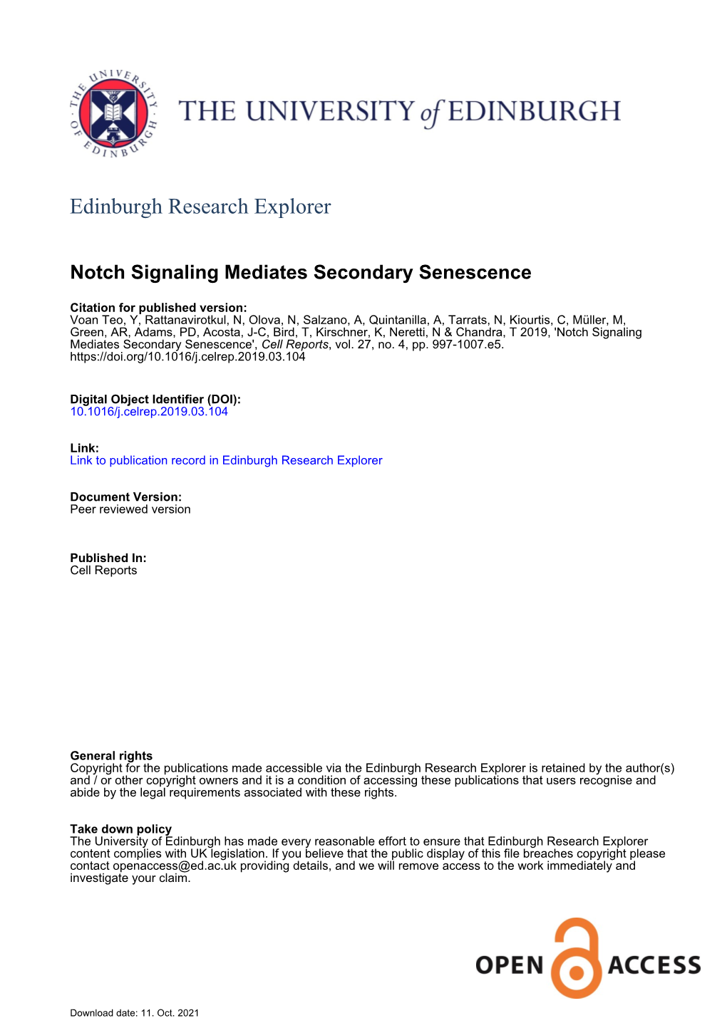 Notch Mediates Secondary Senescence” Enclosed, Which You Accepted in Principle for Publication in Cell Reports