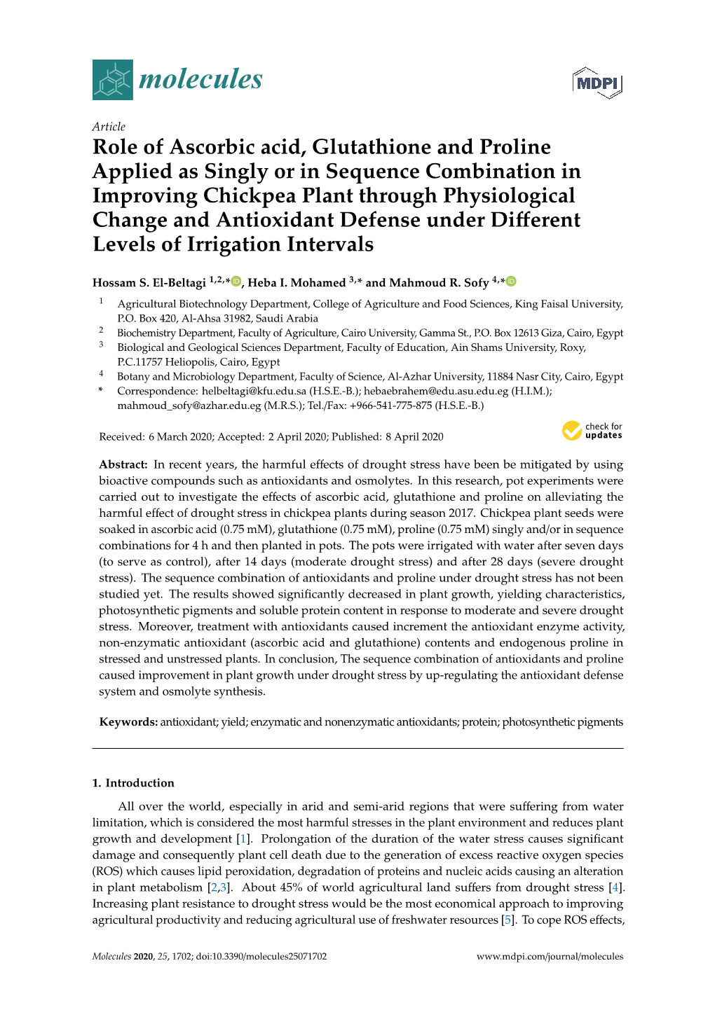 Role of Ascorbic Acid, Glutathione and Proline Applied As Singly Or