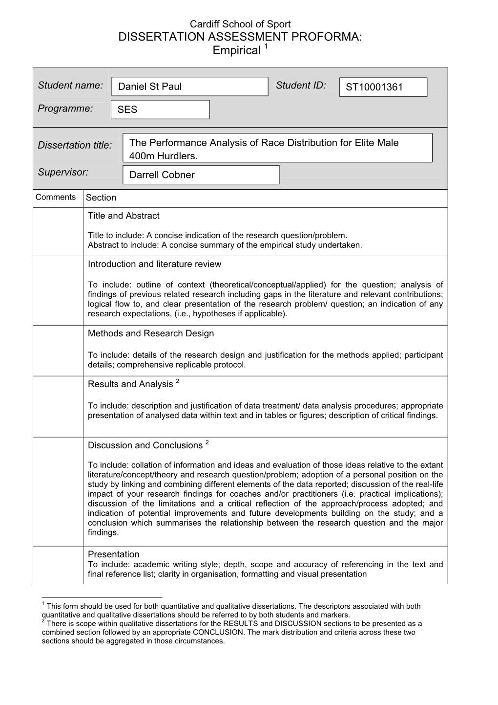 DISSERTATION ASSESSMENT PROFORMA: Empirical 1