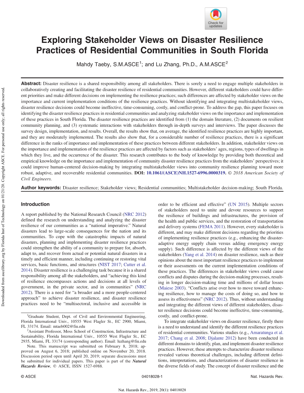 Exploring Stakeholder Views on Disaster Resilience Practices of Residential Communities in South Florida