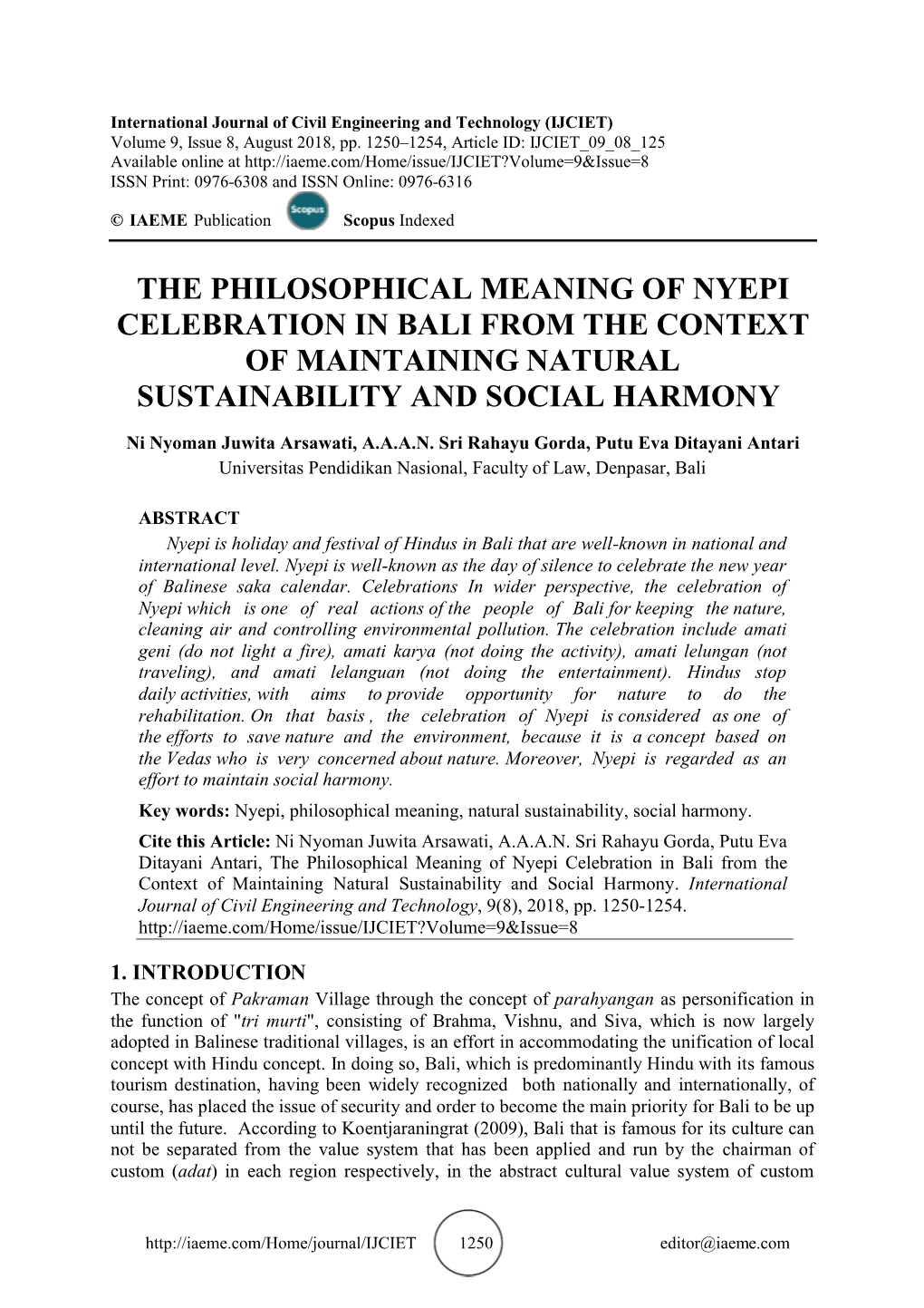 The Philosophical Meaning of Nyepi Celebration in Bali from the Context of Maintaining Natural Sustainability and Social Harmony