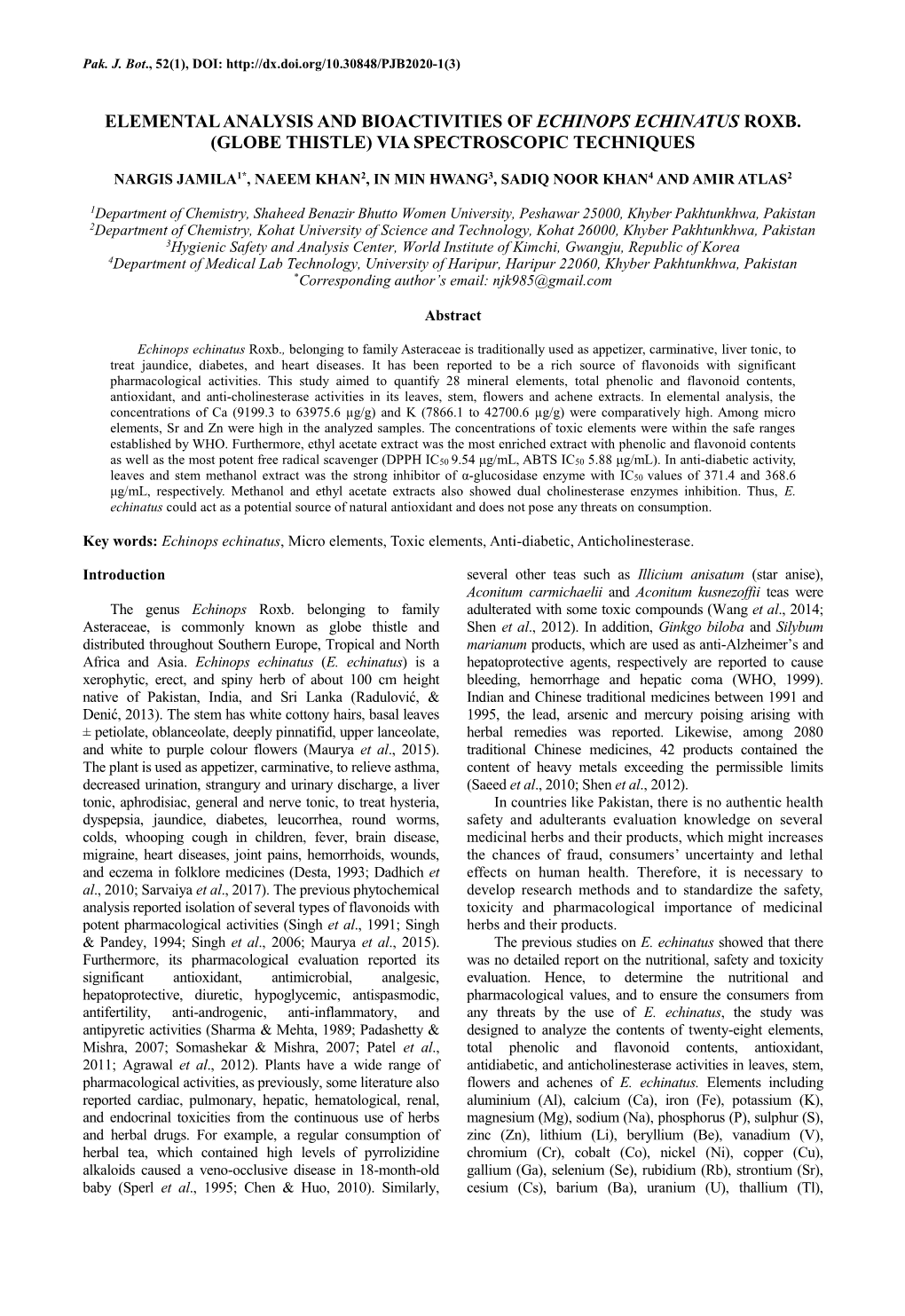 Elemental Analysis and Bioactivities of Echinops Echinatus Roxb. (Globe Thistle) Via Spectroscopic Techniques