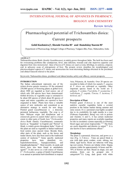 Pharmacological Potential of Trichosanthes Dioica: Current Prospects