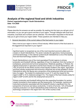 Analysis of the Regional Food and Drink Industries Partner Organization/Region: South Ostrobothnia Date: 15.4.2020