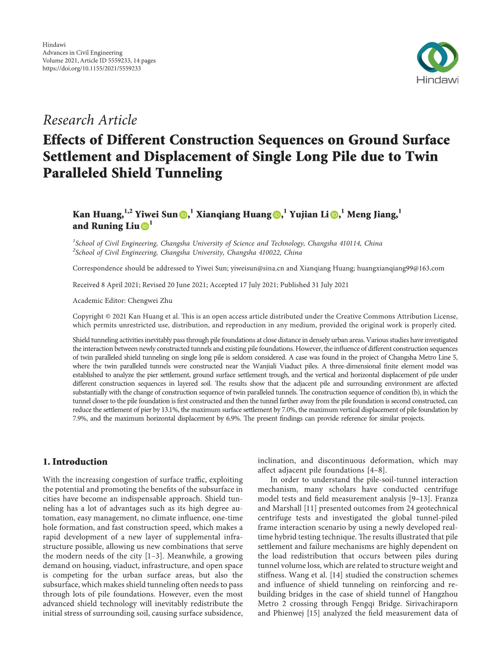 Effects of Different Construction Sequences on Ground Surface Settlement and Displacement of Single Long Pile Due to Twin Paralleled Shield Tunneling