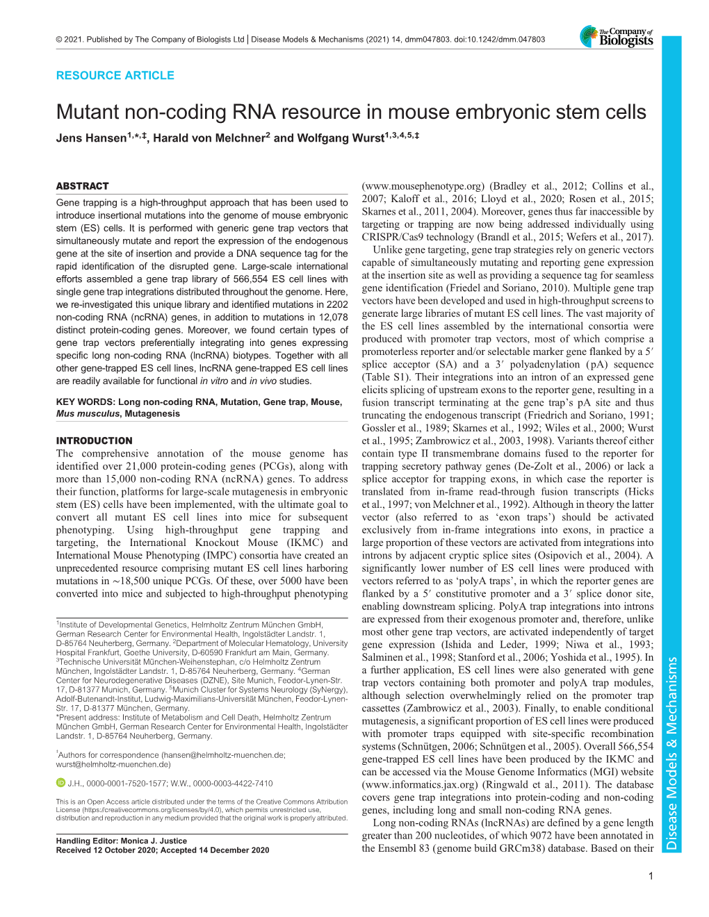 Mutant Non-Coding RNA Resource in Mouse Embryonic Stem Cells Jens Hansen1,*,‡, Harald Von Melchner2 and Wolfgang Wurst1,3,4,5,‡