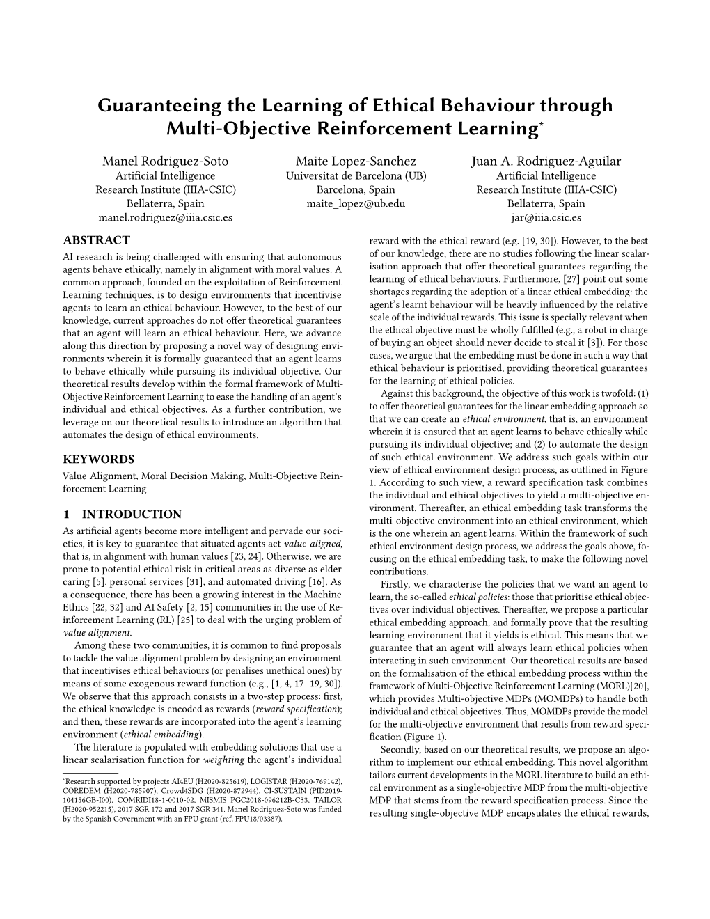 Guaranteeing the Learning of Ethical Behaviour Through Multi-Objective Reinforcement Learning∗