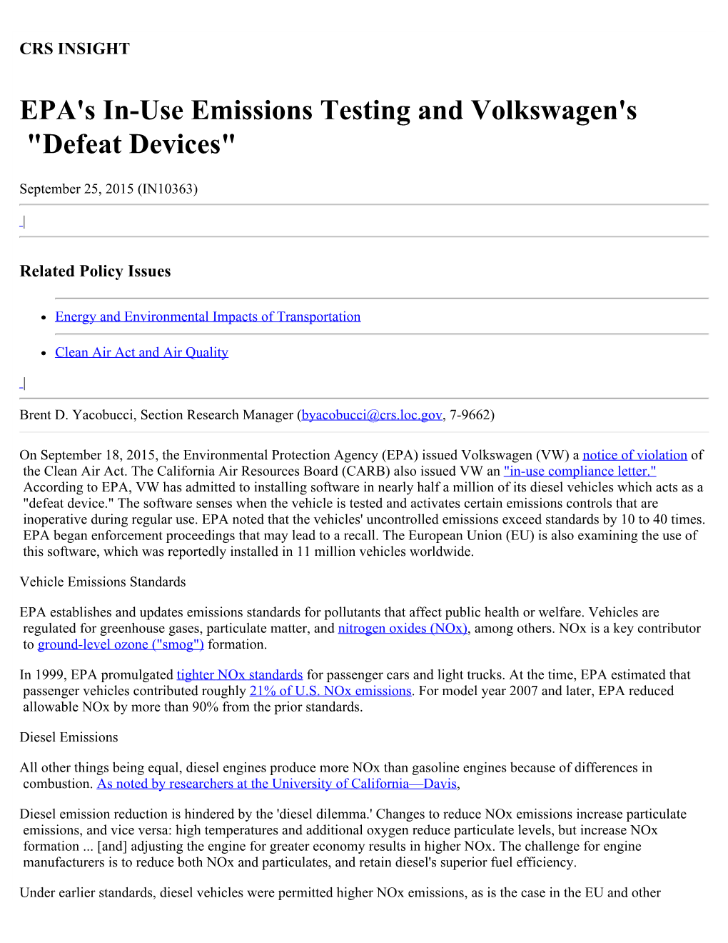 EPA's In-Use Emissions Testing and Volkswagen's 