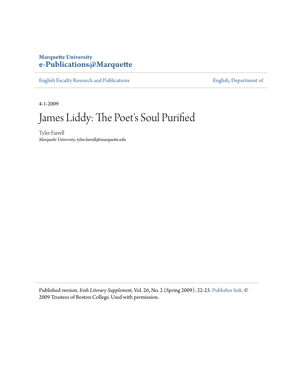 James Liddy: the Poet's Soul Purified