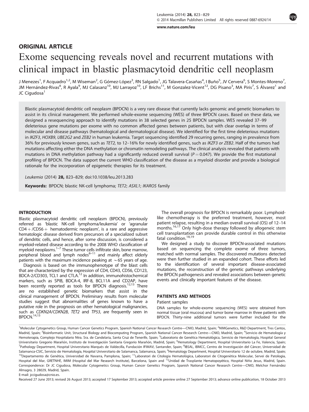 Exome Sequencing Reveals Novel and Recurrent Mutations with Clinical Impact in Blastic Plasmacytoid Dendritic Cell Neoplasm