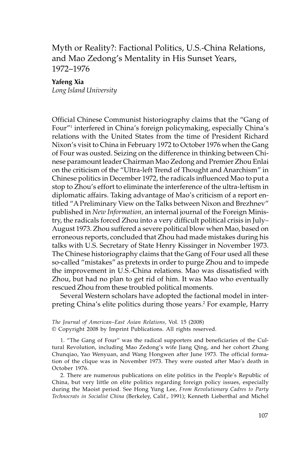 Factional Politics, US-China Relations, and Mao Zedong's Mentality