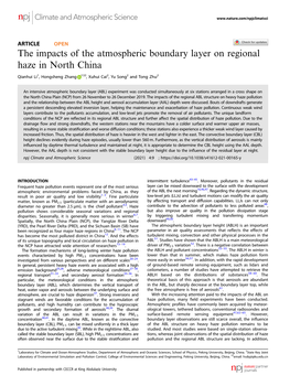 The Impacts of the Atmospheric Boundary Layer on Regional Haze in North China ✉ Qianhui Li1, Hongsheng Zhang 1 , Xuhui Cai2, Yu Song2 and Tong Zhu2
