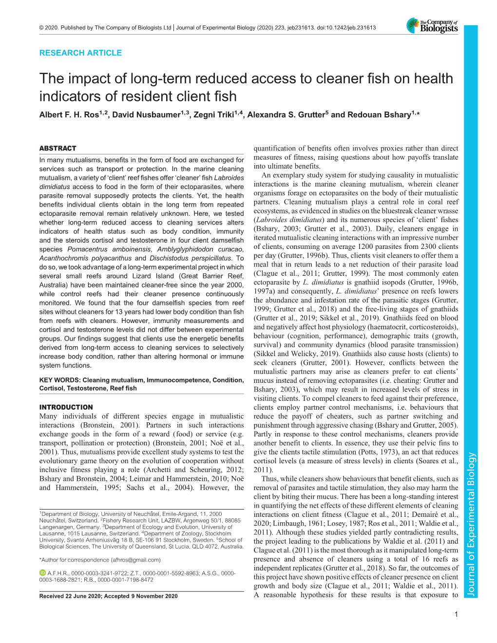 The Impact of Long-Term Reduced Access to Cleaner Fish on Health Indicators of Resident Client Fish Albert F
