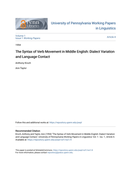 The Syntax of Verb Movement in Middle English: Dialect Variation and Language Contact