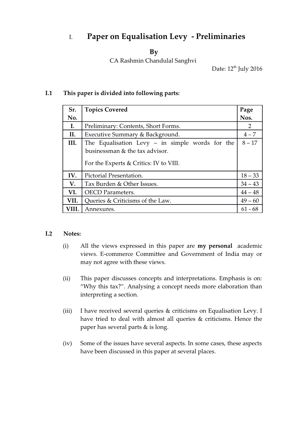 I. Paper on Equalisation Levy - Preliminaries