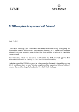 LVMH Completes the Agreement with Belmond