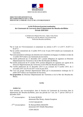 Arrêté Préfectoral Portant Nomination Des Lieutenants De Louveterie Dans Le Département Des Bouches-Du-Rhône Période 2020-2024