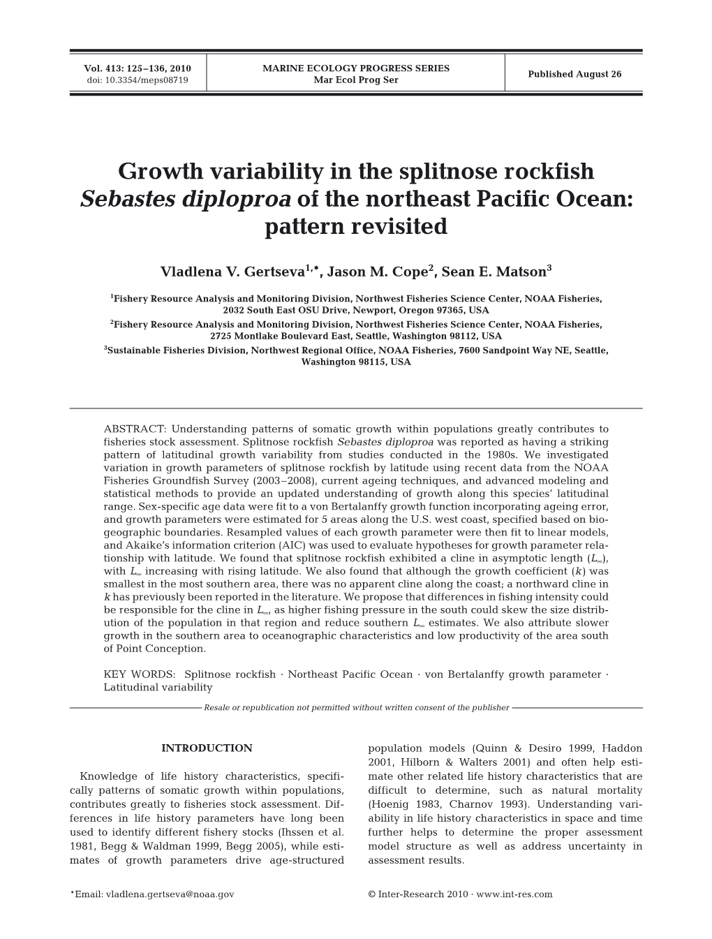 Growth Variability in the Splitnose Rockfish Sebastes Diploproa of the Northeast Pacific Ocean: Pattern Revisited