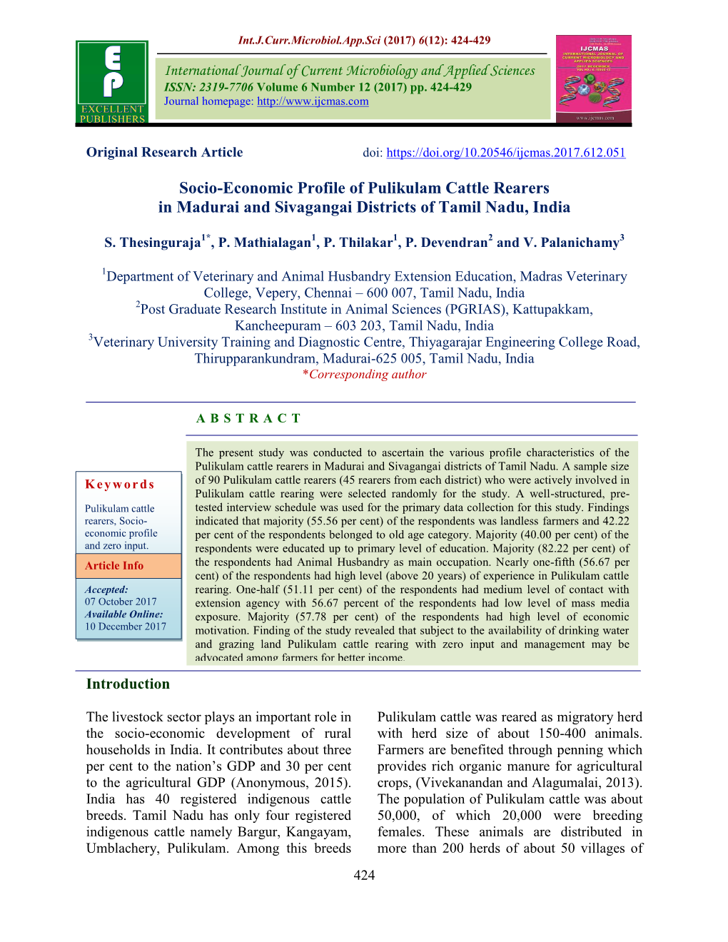 Socio-Economic Profile of Pulikulam Cattle Rearers in Madurai and Sivagangai Districts of Tamil Nadu, India