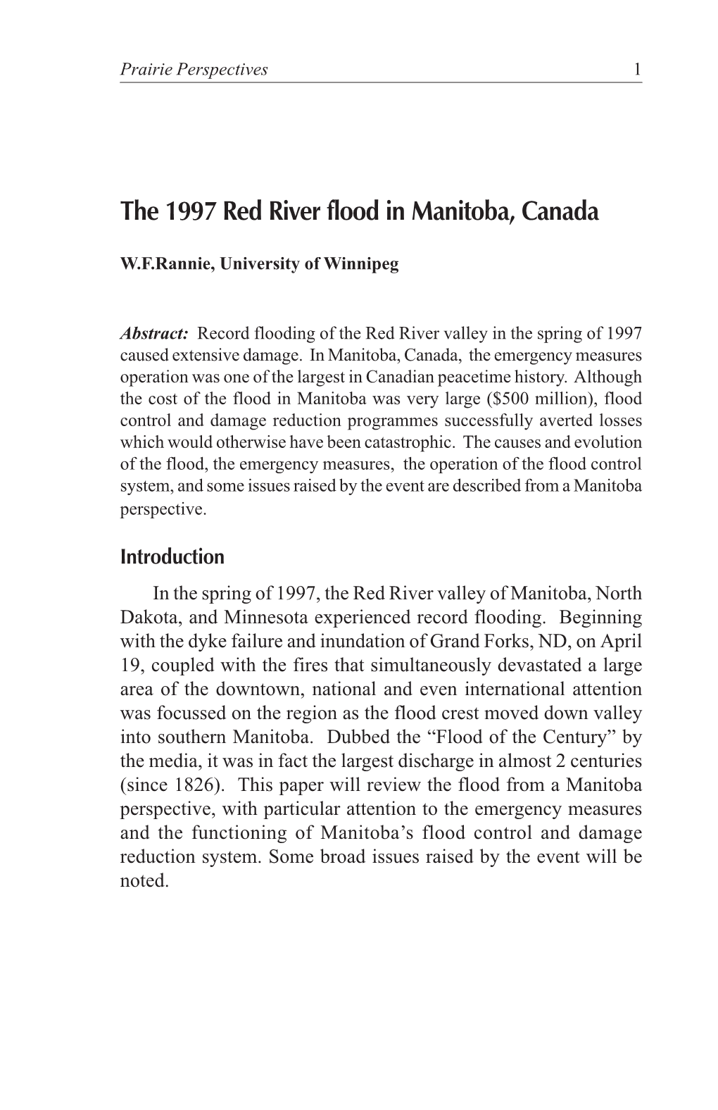 The 1997 Red River Flood in Manitoba, Canada