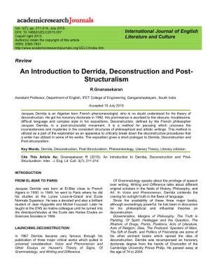 An Introduction to Derrida, Deconstruction and Post- Structuralism
