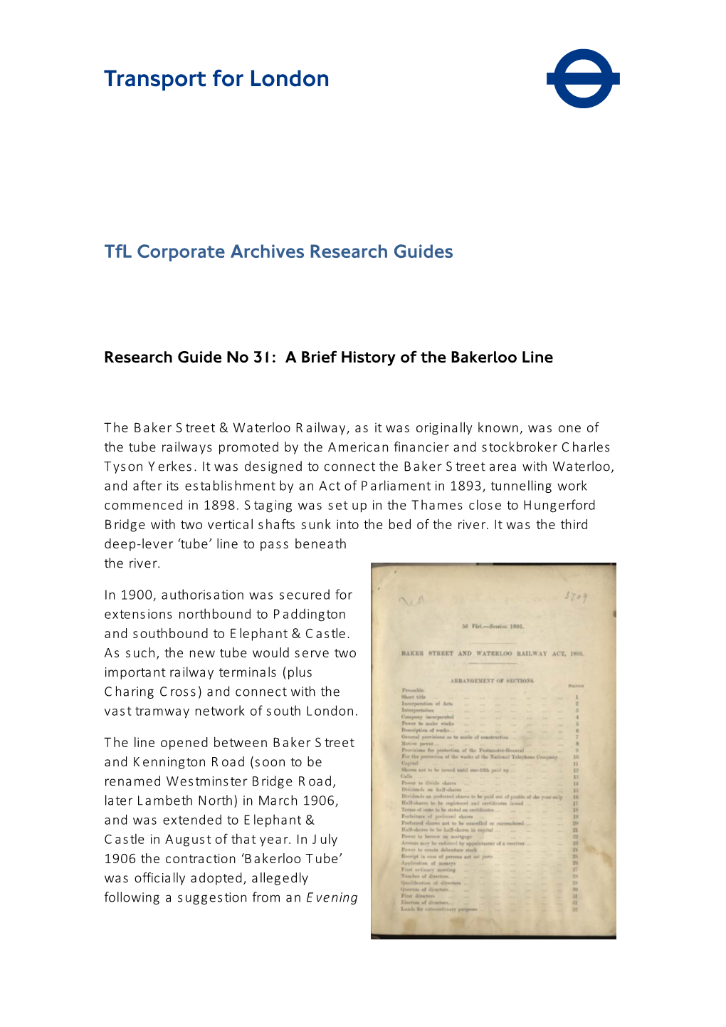 Research Guide No 31: a Brief History of the Bakerloo Line