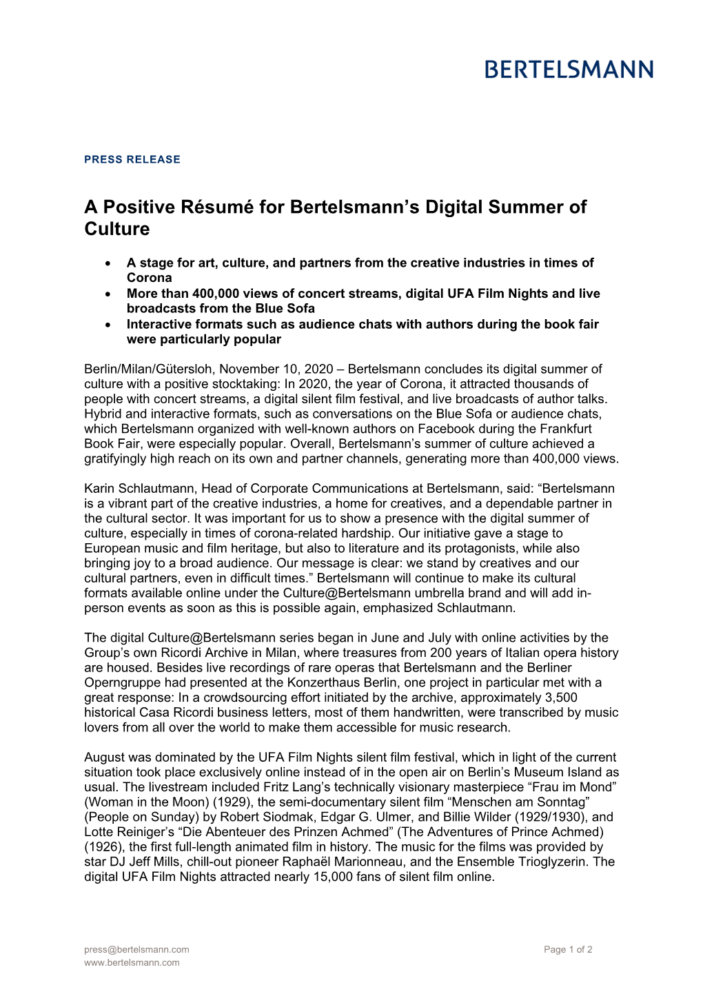 A Positive Résumé for Bertelsmann's Digital Summer of Culture