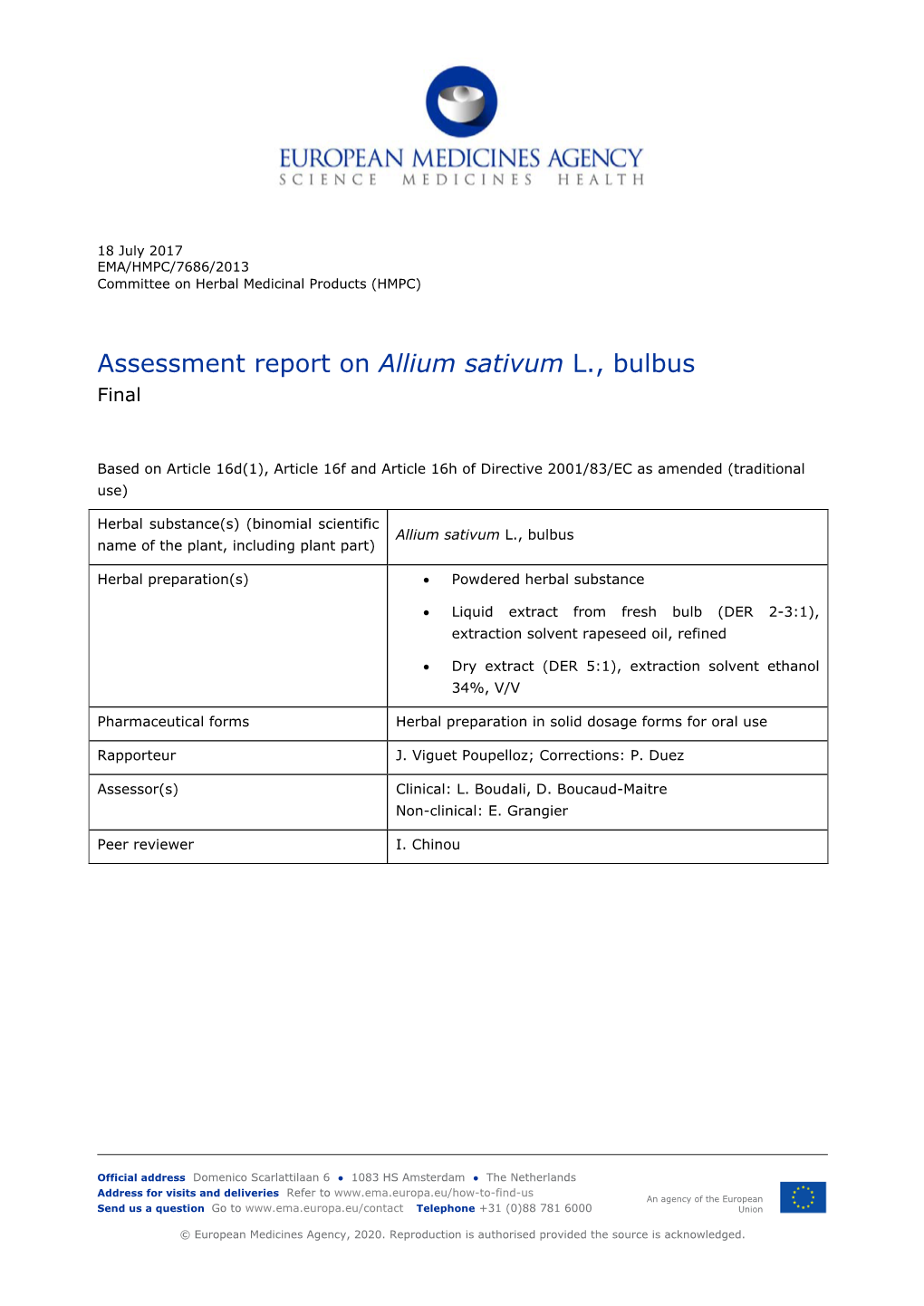 Assessment Report on Allium Sativum L., Bulbus Final