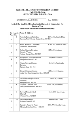 List of the Qualified Candidates to the Post of Conductor for Written Test (See Below the List for Detailed Schedule)