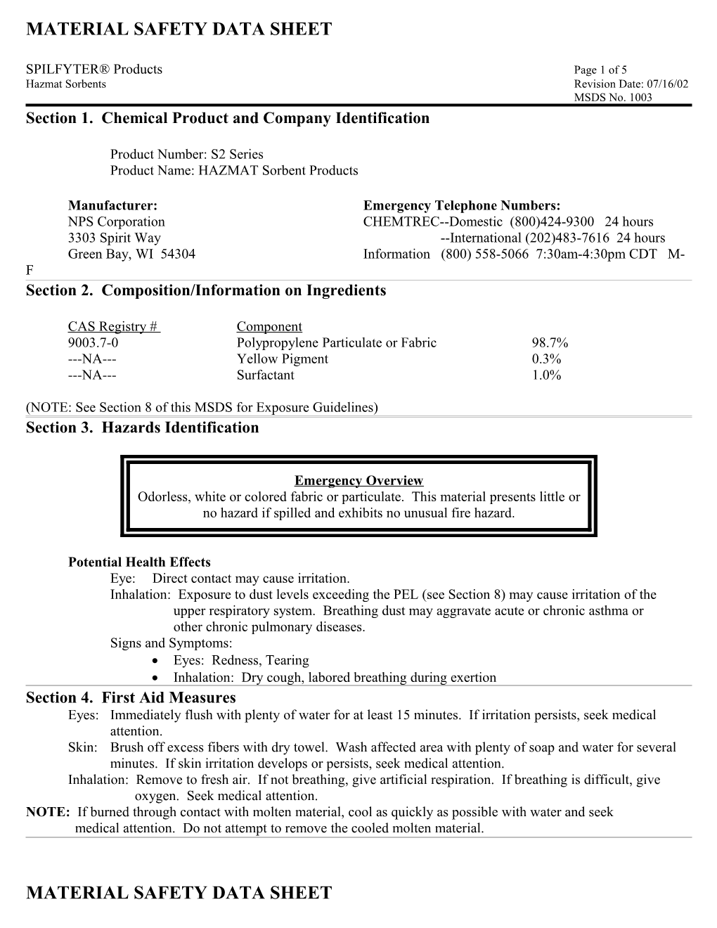 Material Safety Data Sheet s74