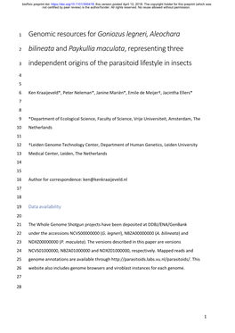 Genomic Resources for Goniozus Legneri, Aleochara