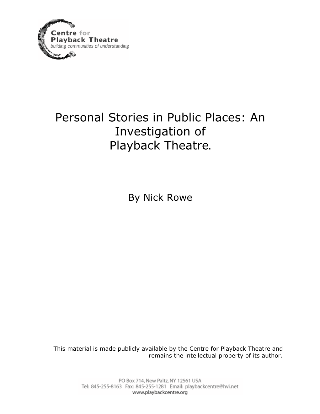 Personal Stories in Public Places: an Investigation of Playback Theatre