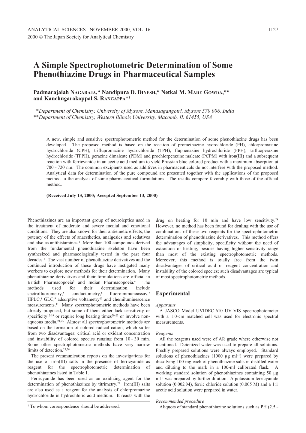 A Simple Spectrophotometric Determination of Some Phenothiazine Drugs in Pharmaceutical Samples