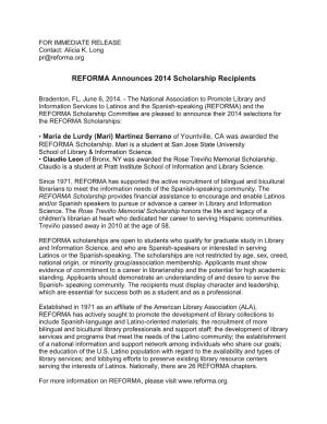 REFORMA Announces 2014 Scholarship Recipients