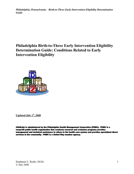 Philadelphia Birth-To-Three Early Intervention Eligibility Determination Guide: Conditions Related to Early Intervention Eligibility
