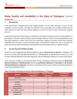 Water Quality and Availability in the State of Telangana: Current Scenario I