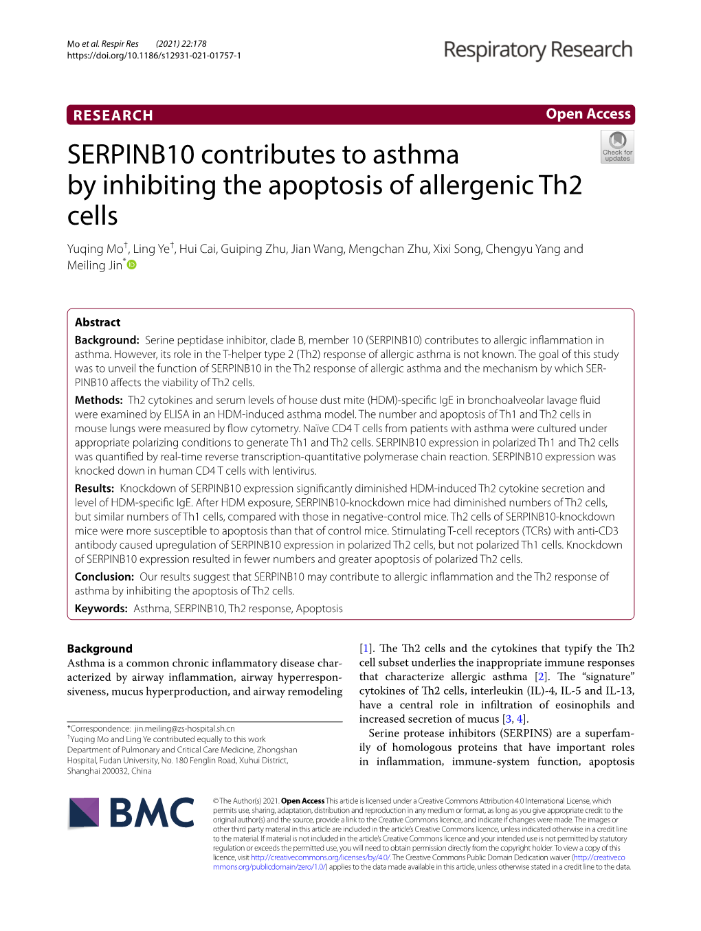 SERPINB10 Contributes to Asthma by Inhibiting the Apoptosis of Allergenic Th2 Cells