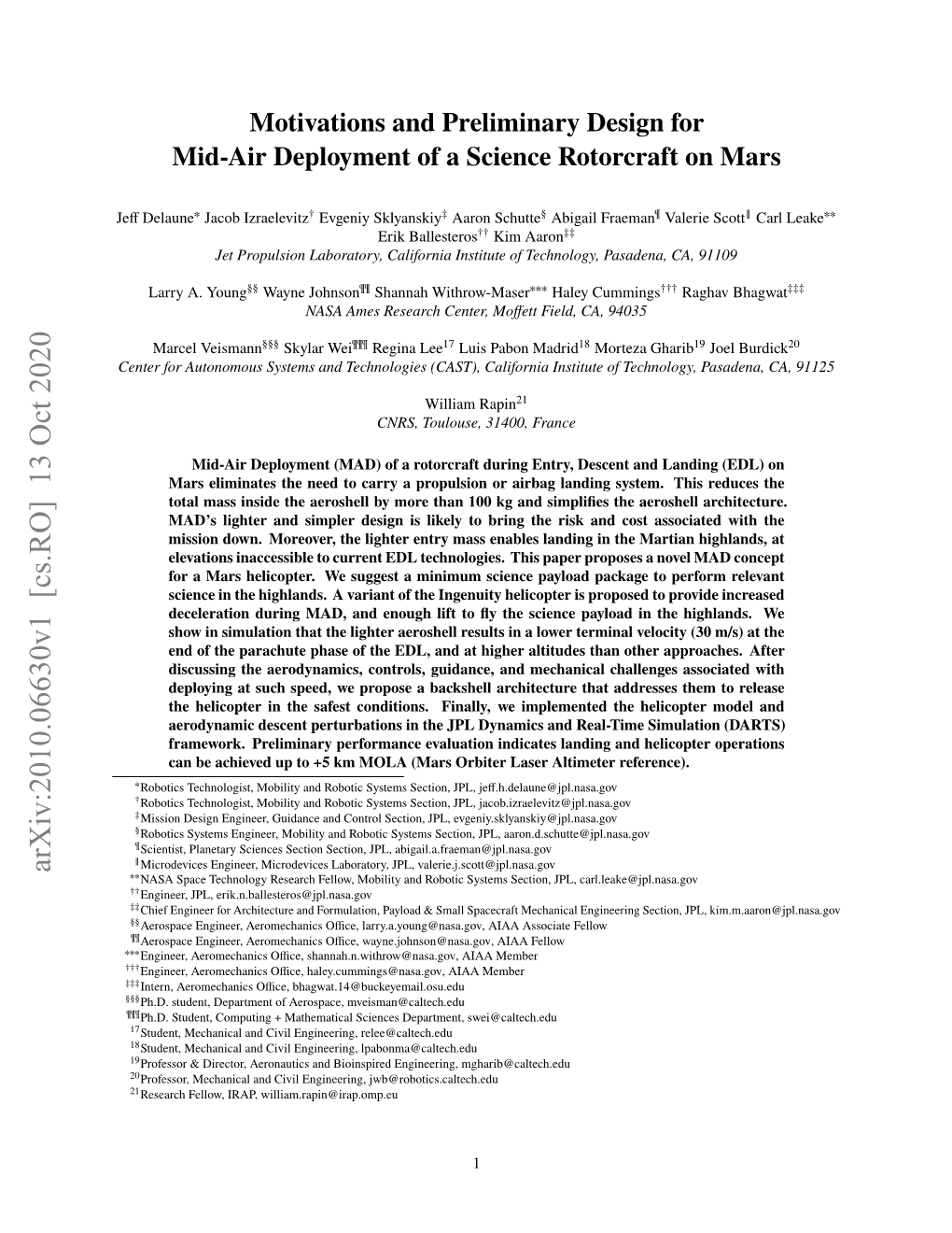 Motivations and Preliminary Design for Mid-Air Deployment of a Science Rotorcraft on Mars