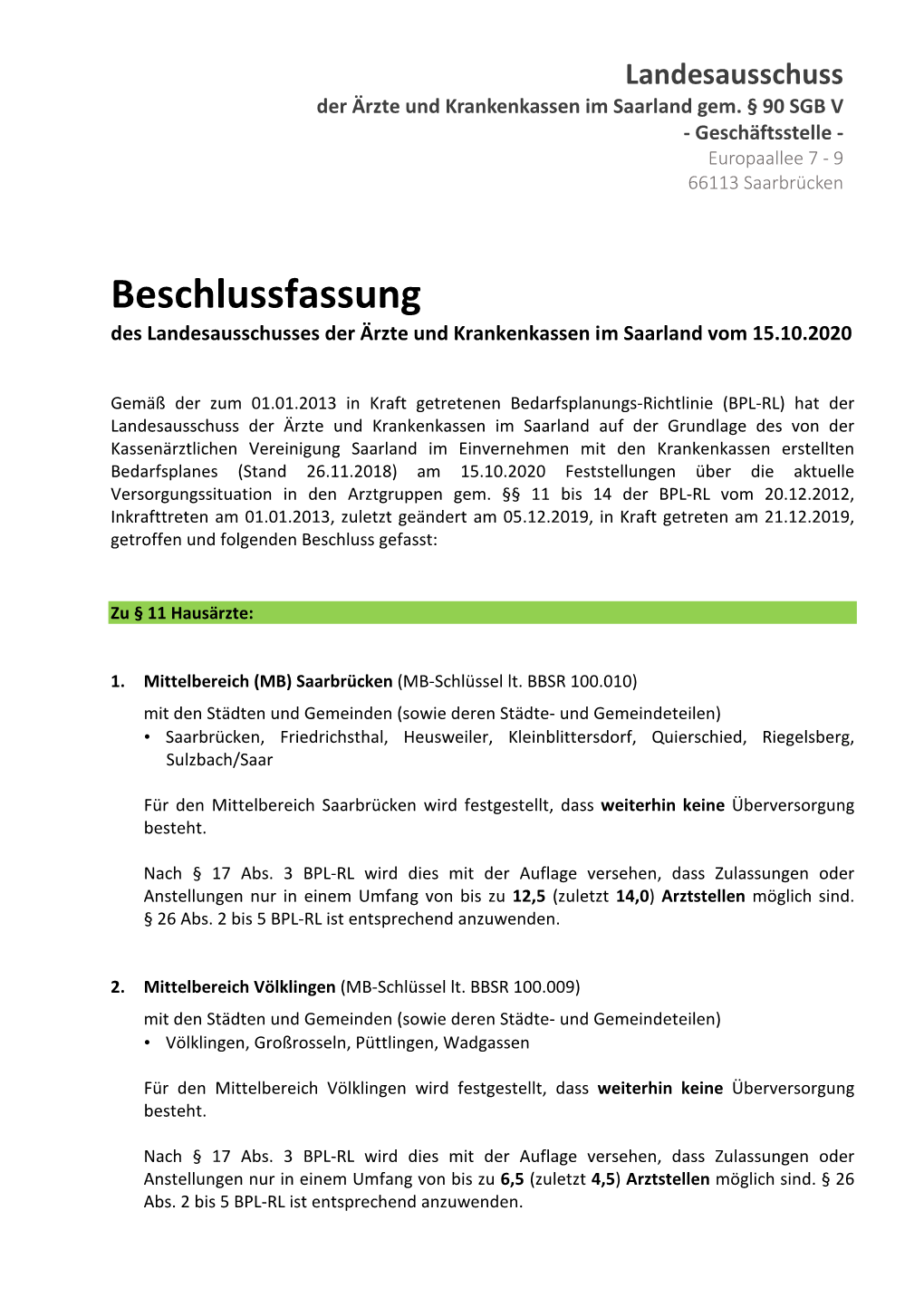 Beschlussfassung Des Landesausschusses Vom 15.10